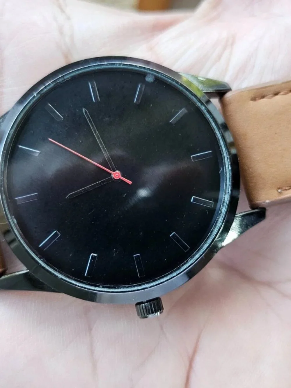 Fashion Men Wristwatch Brown Faux Leather Vegan Strap Quartz Black Face Watch